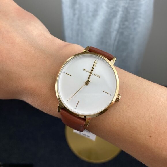 (E)MICHAEL KORS MK7099 JAYNE BROWN GOLD LEATHER WOMEN'S WATCH - Picture 1 of 10